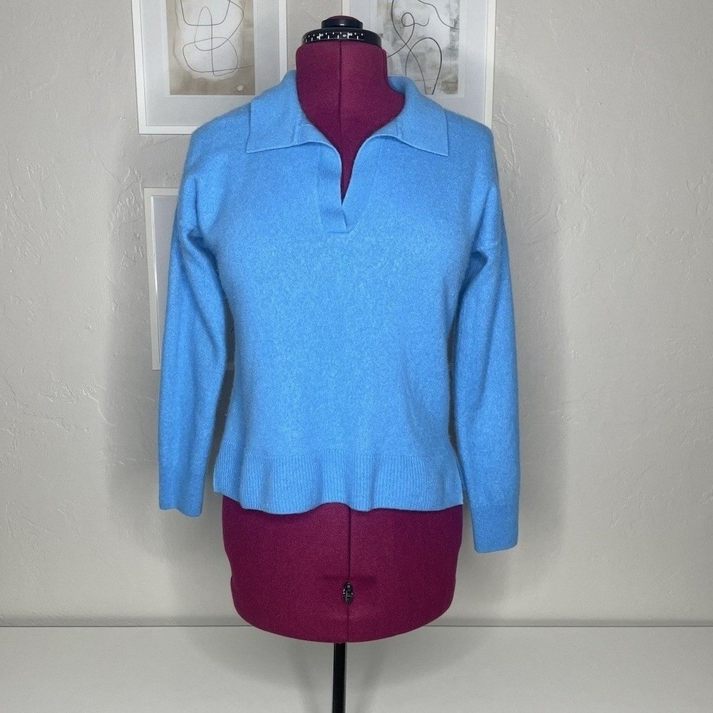 Filoro Cashmere Sweater Womens XL‎ Blue 2-Ply Split Neck Polo Long Sleeve Knit
